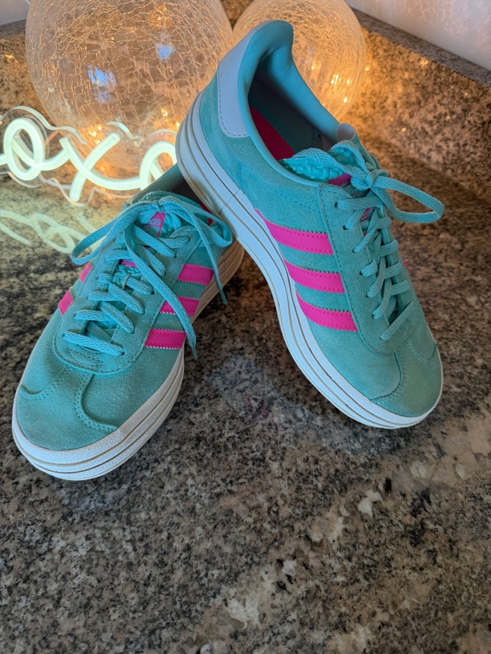 Adidas Gazelle Bold Sneakers in Flash Aqua and Lucid Pink